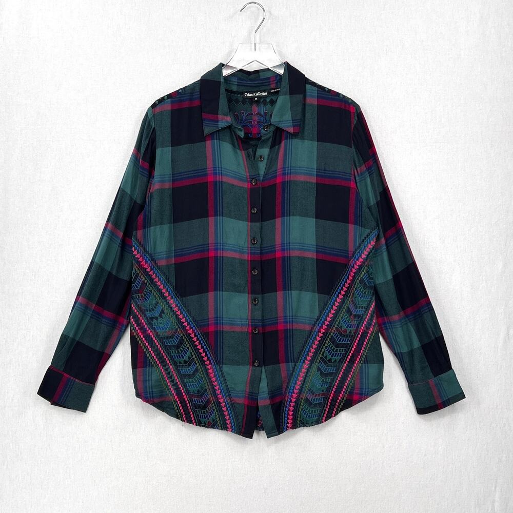 TOLANI COLLECTION Plaid Embroidered Button Up Shirt Womens Medium Green Black - Picture 3 of 16